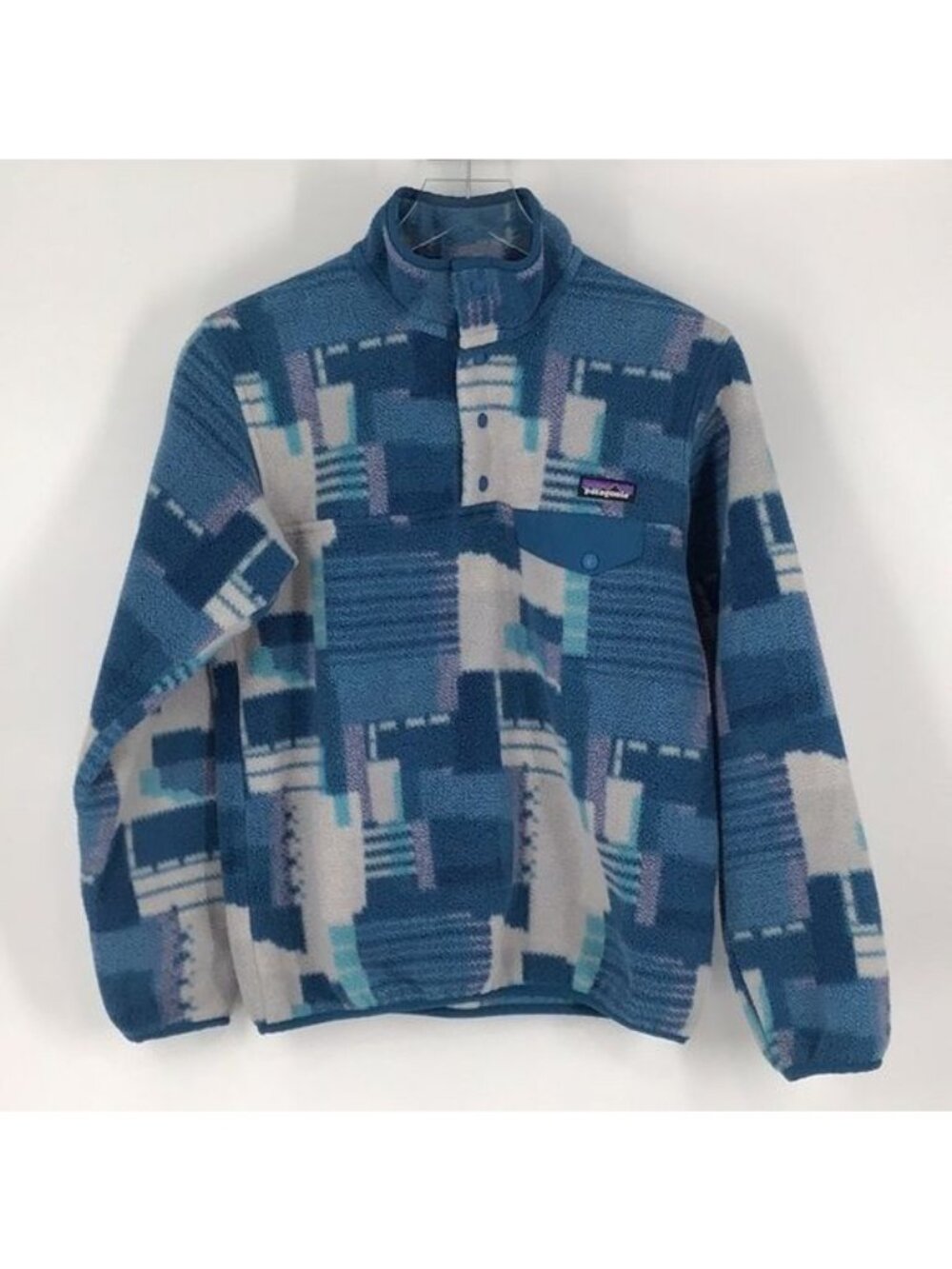 Patagonia Synchilla Snap-T Pullover Fleece Blue 2015 Stitchwork Geometric Print